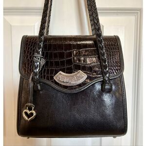 BRIGHTON- Vintage (Y2K) Smooth Black Leather + Croc Embossed Bucket/Shoulder Bag